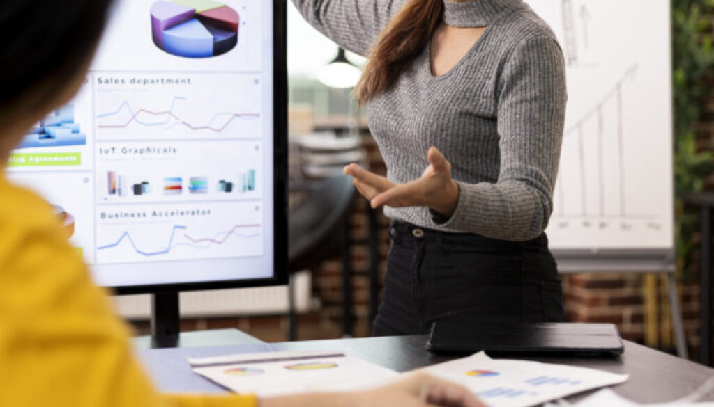 Consultant presents company growth data