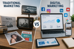 Traditional marketing vs digital marketing comparison image showing newspapers, magazines, radio, television, and billboards on one side, while the other side features social media platforms, email marketing, online advertising, analytics dashboards, and digital marketing tools on laptops and mobile devices.